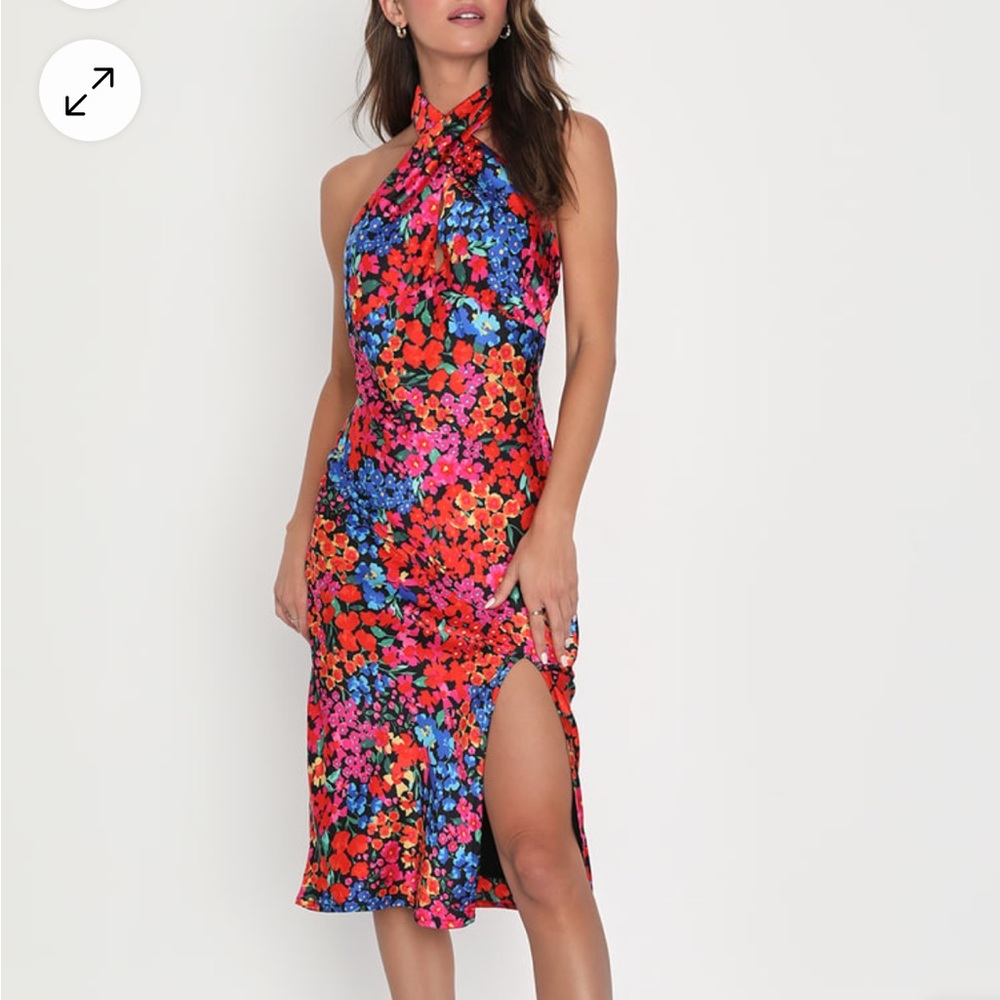 Lulus Bold Presence Black and Red Multi Floral Satin Halter Midi Dress